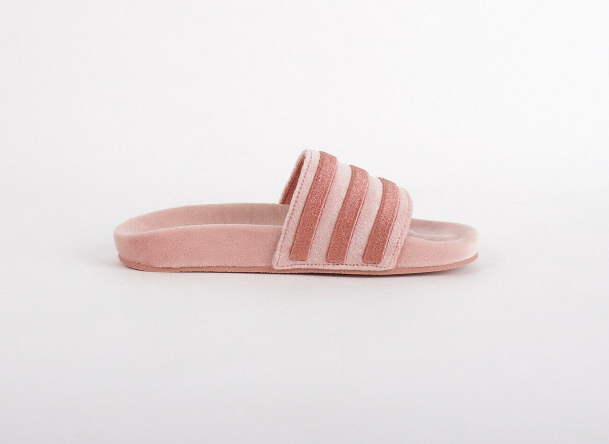 pink velvet adidas slides